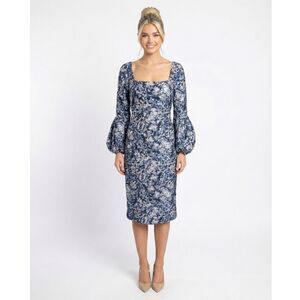 Theia Navy Brocade Puff Sleeve Midi Dress 4 NWT Square Neck Cocktail Wedding